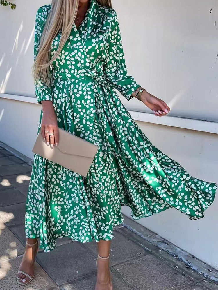 anyfreebie™-Women Casual Loose Commuter Dresses Spring Long Sleeve Vintage Print Boho Maxi Dress Fashion Lapel Chic Lace Up Party Dress