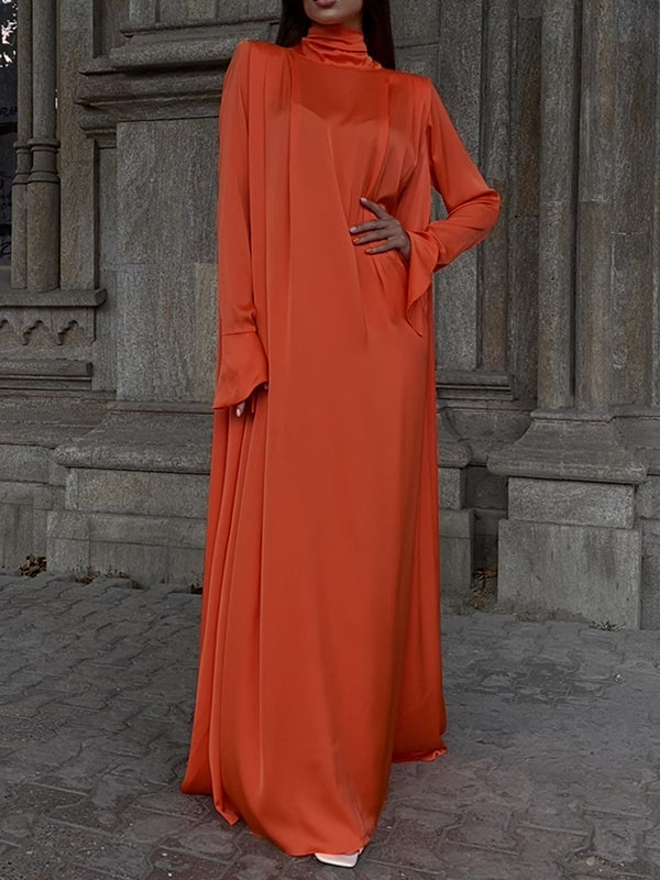 anyfreebie™- Flared Sleeves Long Sleeves Solid Color High-Neck Maxi Dresses