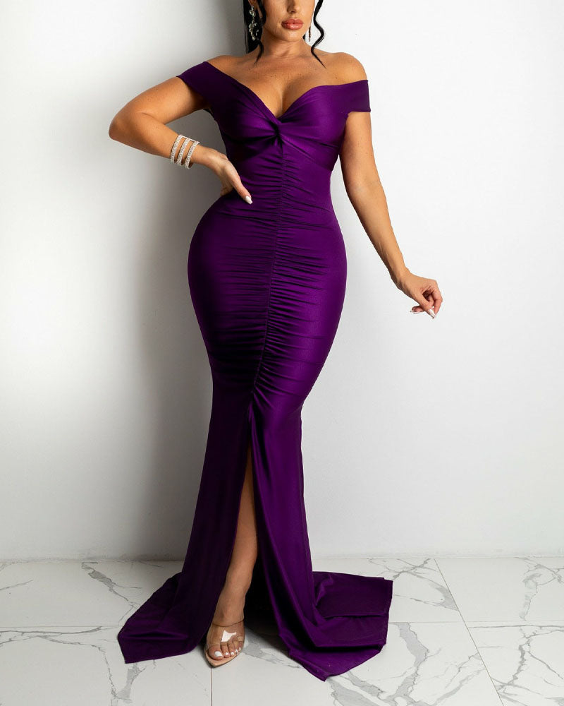 anyfreebie™-Satin Off Shoulder Ruched Split Mermaid Dress