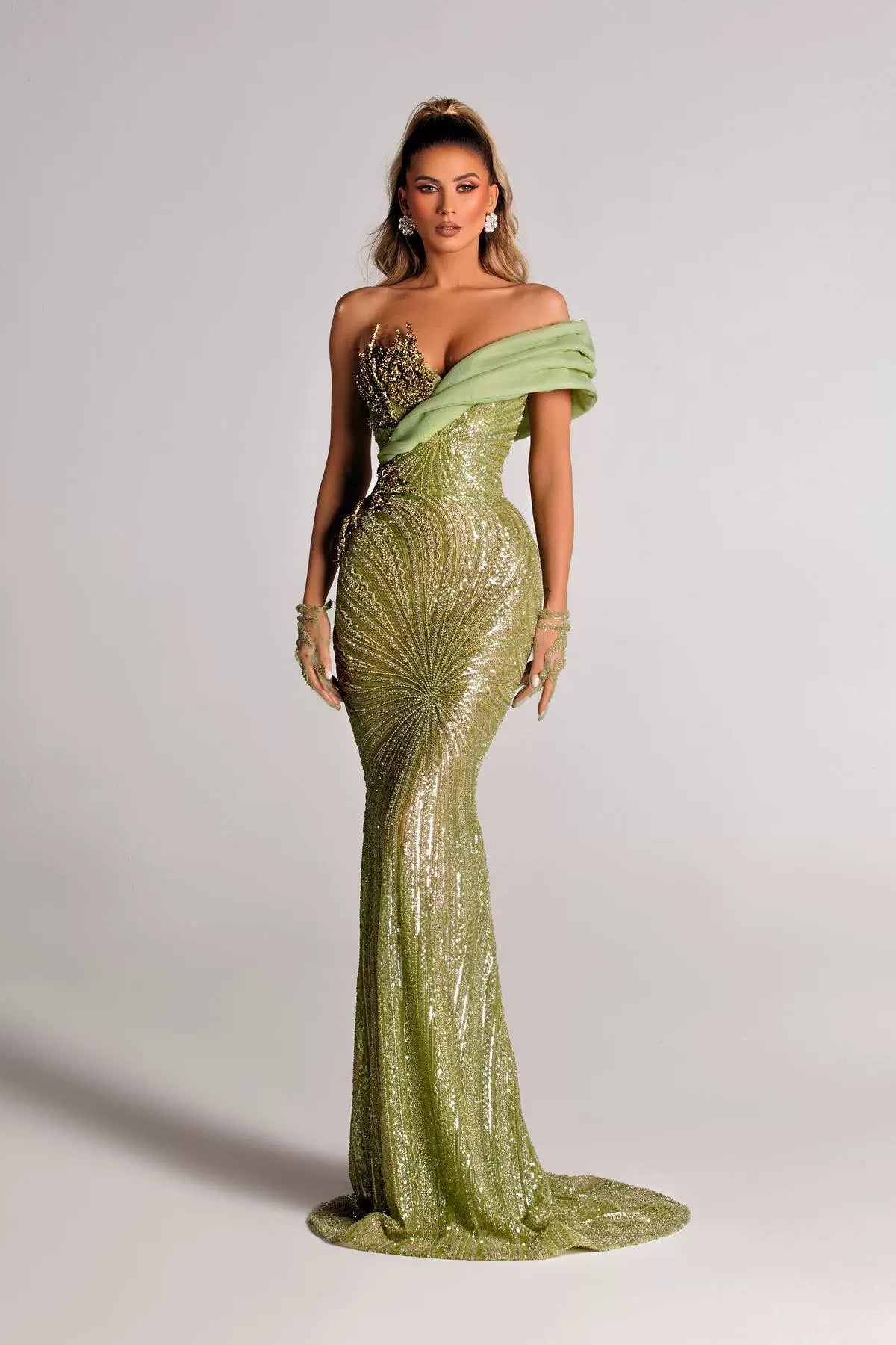 anyfreebie™-Green sequined waist one shoulder dress-vx