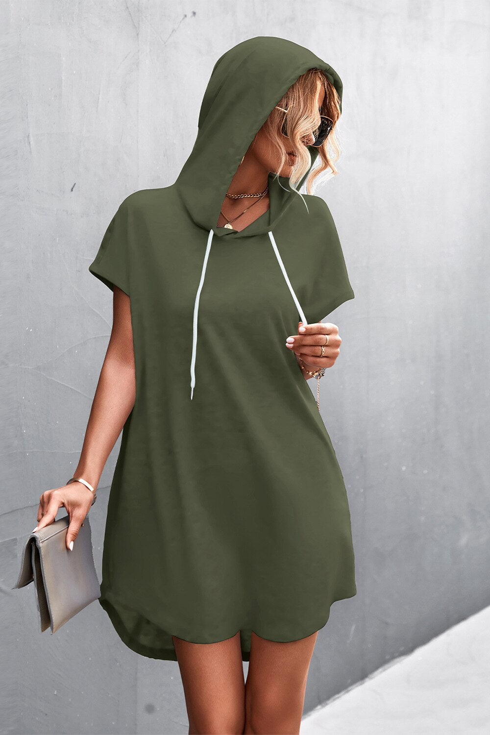 anyfreebie™- Grey Loose ShortSleeve Hooded Dress Women Streetwear Simple Casual Sports Dresses SolidColor Hoody Dress Casual Basic Mini Dress