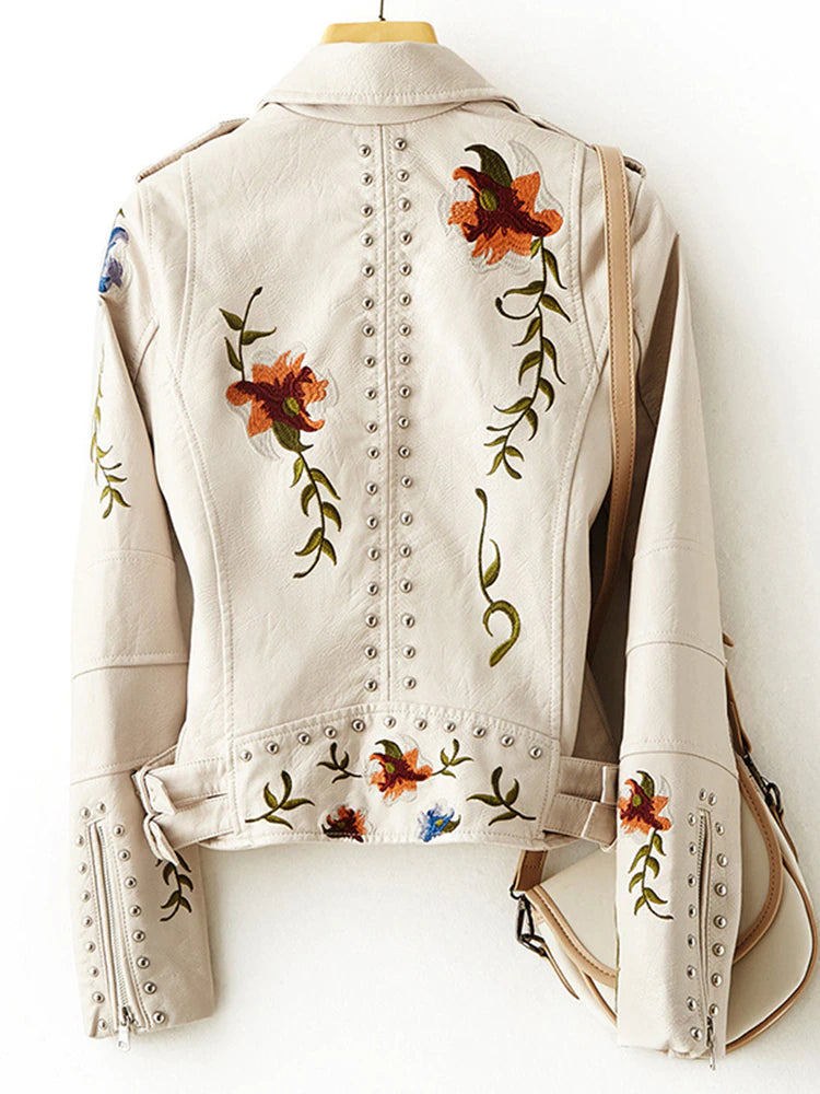 anyfreebie™-Retro Floral Print Embroidery Faux Soft Leather Jacket