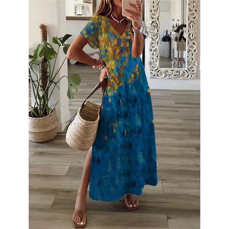 anyfreebie™- Vintage Print Maxi Dress Women 2024 Summer Elegant V Neck Short Sleeve Loose Split Casual Dress Female Party Boho Beach Vestidos