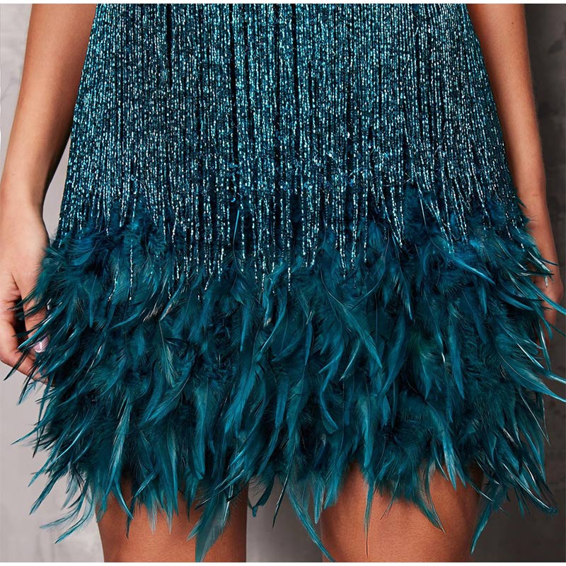 anyfreebie™-Sequins Tassel Feather Spaghetti Strap Dress Women Fashion Sexy Stitching Mini Dresses Ladies Evening Party Club Elegant Dress