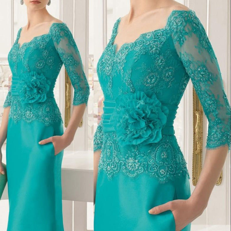 anyfreebie™-Gorgeous Teal Lace Mother of the Bride Dresses With Off Shoulder Three Quarter Sleeves Wedding Guest Gowns V Neck Full Length