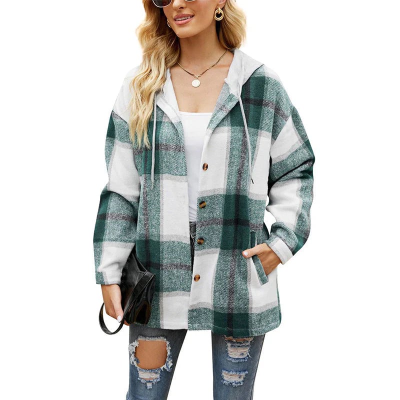 🔥Women's Plaid Button Down Fleece Lined Hooded Jackets Warm Coat