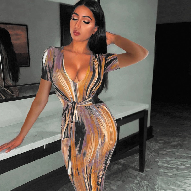 anyfreebie™- Sexy Bandage Dress Waist Illusion Dress 2024 Women V-neck Maxi Dresses Ladies Tie-dye Wave Print Party Dresses Tight Dresses