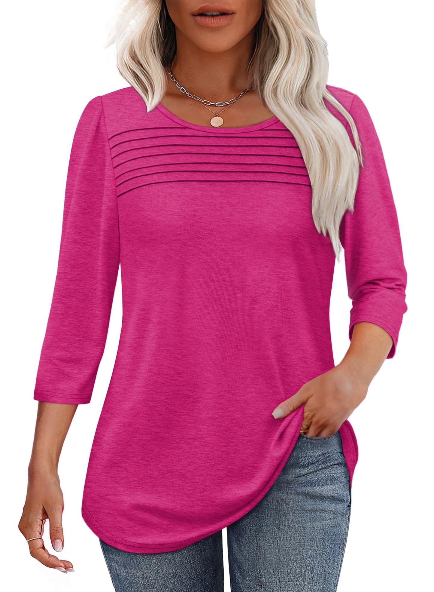 Women's 3/4 Length Sleeve Top Pleated Front T-Shirt