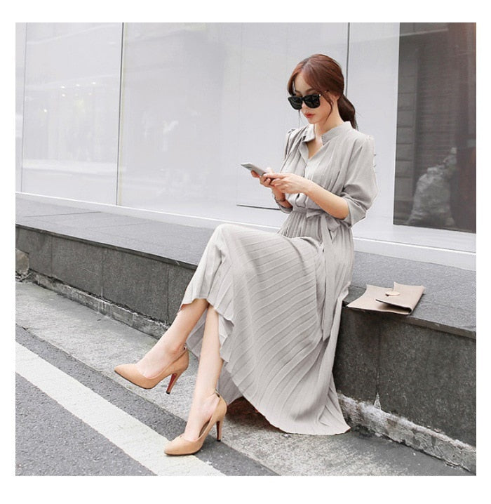 anyfreebie™- Elegant Chiffon Long Sleeve Shirt Dress Women Belt Lace Up A-line Pleated Maxi Dress Korean Fashion Fall Clothes Streetwear