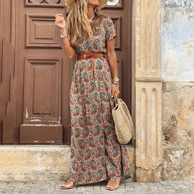 anyfreebie™-Autumn Dress 2024 Women New Fashionable Bohemian V-neck Floral Print Long Dress Female Short Sleeve Sexy High Split Maxi Dresses