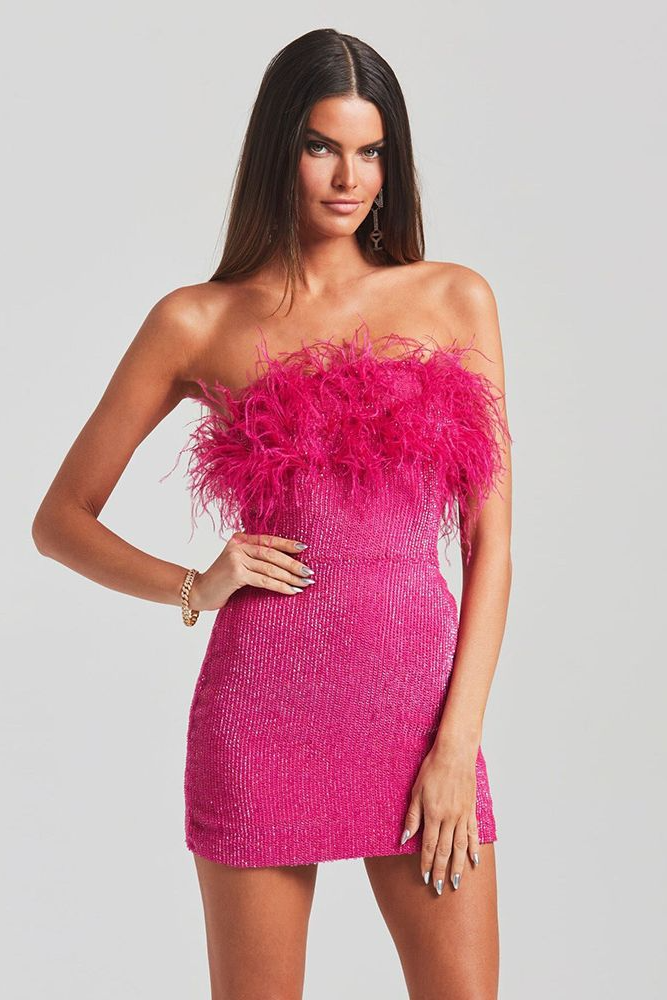 anyfreebie™-Sexy backless ostrich feather fringed tube top evening dress