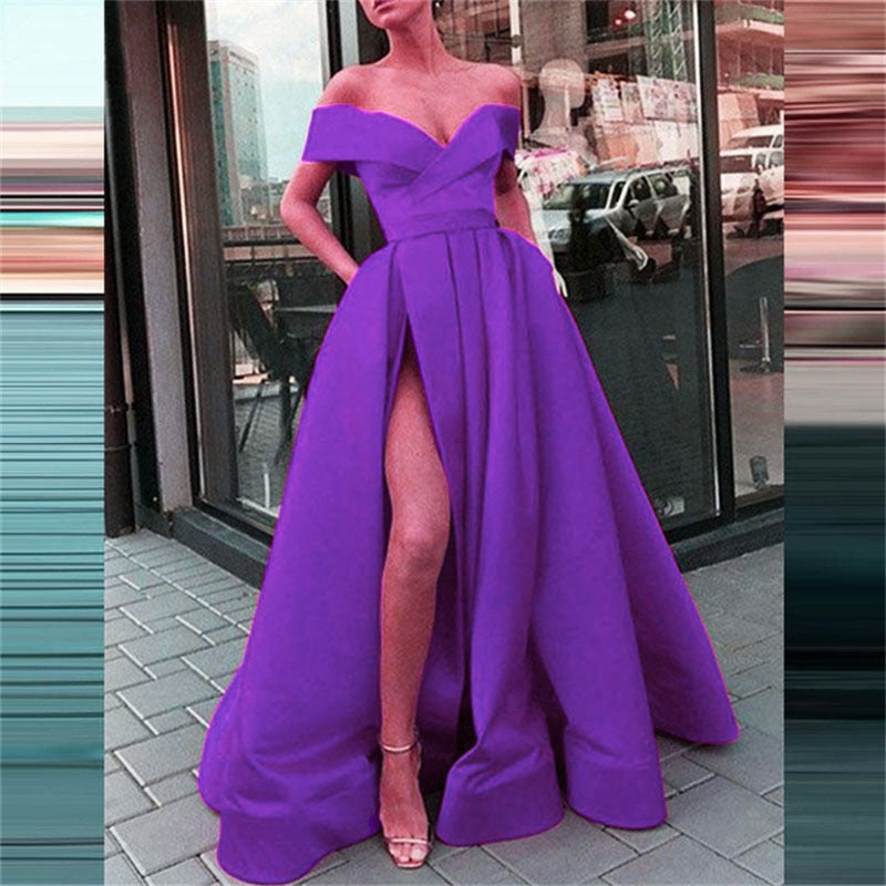 anyfreebie™-Women Sexy V Neck Long Party Dress Solid Elegant Sleeveless High Slit Dress Lady Fashion Off Shoulder Pleated Maxi Dress Vestido