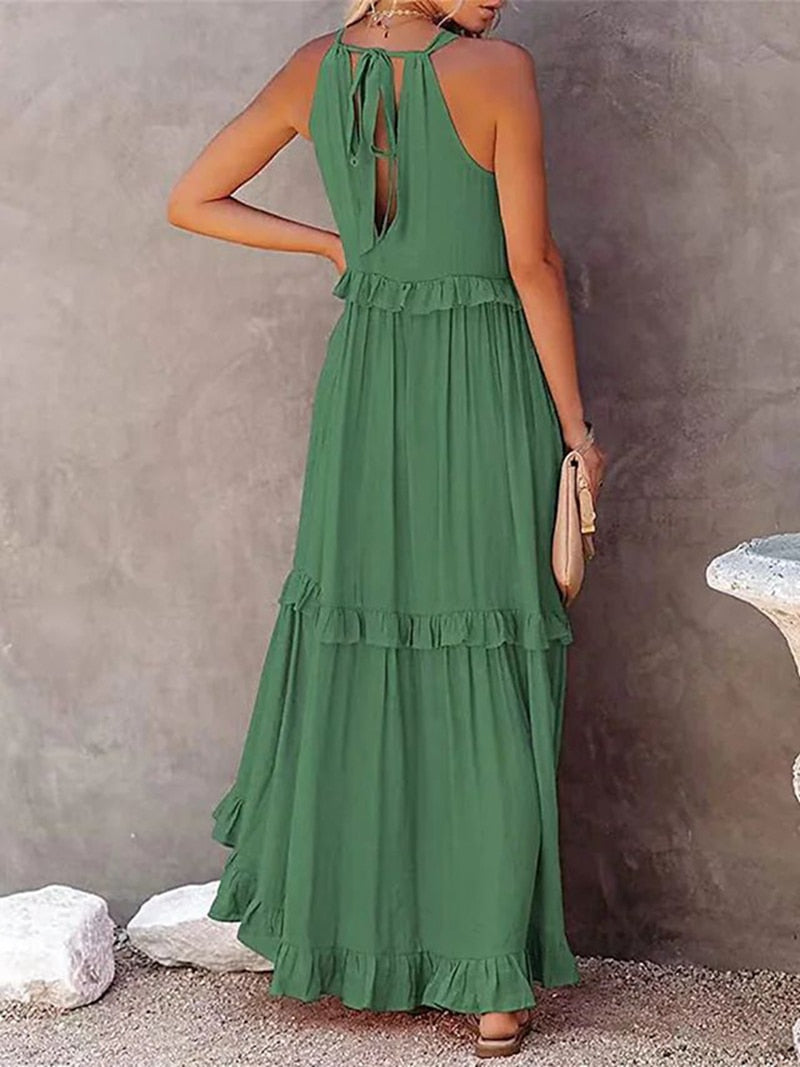 anyfreebie™-Summer Loose Long Dress Women Casual Elegant Ruffle Halter Sleeveless Female Party Outfits Beach Maxi Dresses Green Tie-Up Robe