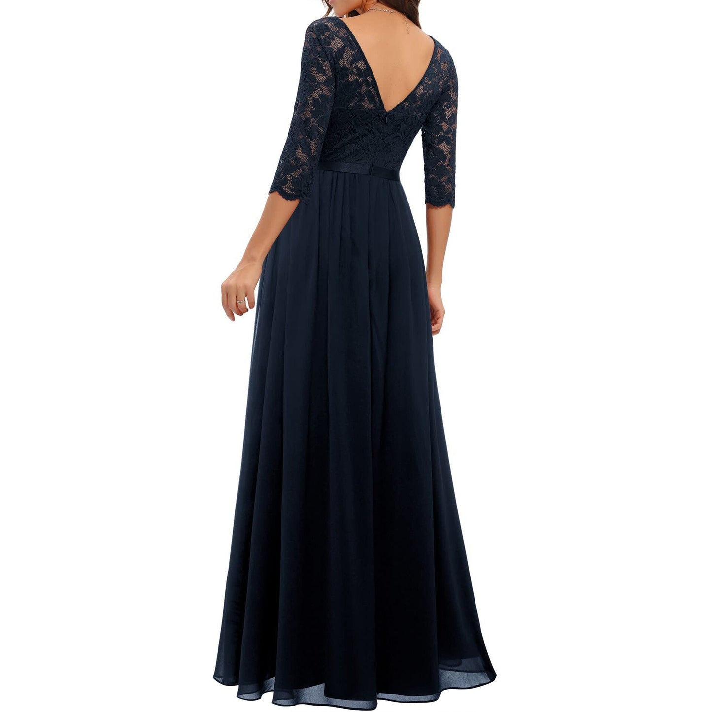 anyfreebie™- Women&#39;s Elegant Vintage V Neck 3/4 Sleeve Floral Lace Chiffon Wedding Bridesmaid Maxi Dress Long Formal Dresses