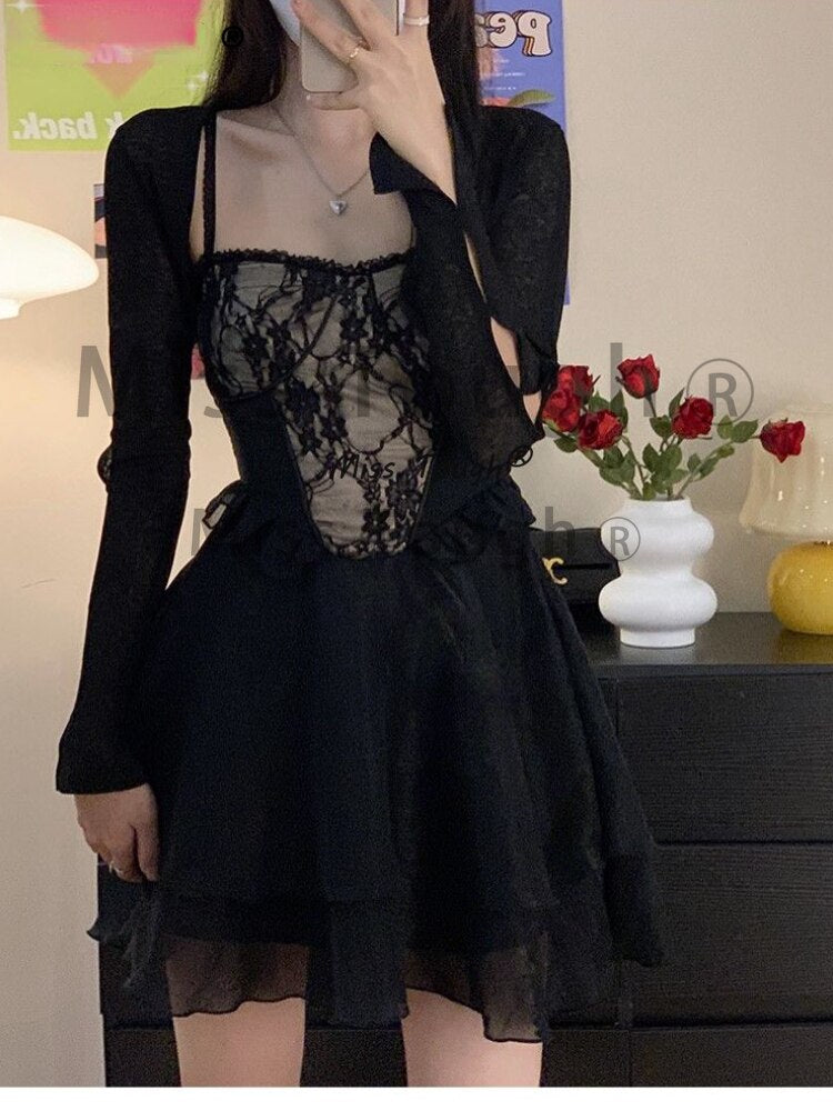 anyfreebie™-Summer Black Chic Dress Women Lace Patchwork Sexy Party Mini Dresses Female Designer Korean Fashion Fluffy Elegant Dresses 2024