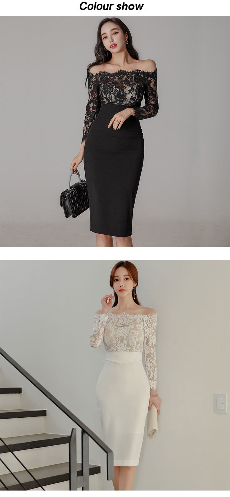 anyfreebie™-new arrival fashion korean spring midi party dress women OL temperament lace perspective sexy off-shoulder holiday pencil dress