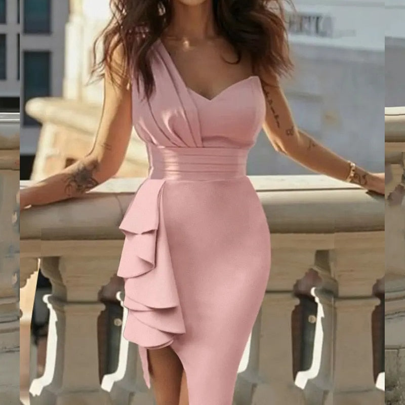 anyfreebie™- Sexy Diagonal Collar Waist Pleated Maxi Dresses Sleeveless Off Shoulder Asymmetrical Prom Dress Women Elegant Dress Dinner Party