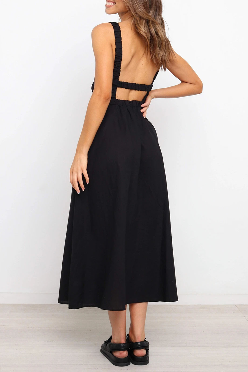 anyfreebie™-Casual Solid Backless O Neck Waist Skirt Dresses