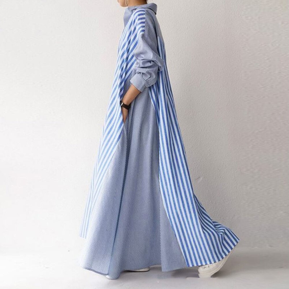 anyfreebie™- Autumn Casual Loose Maxi Dress Women Vintage Turn-down Collar Striped Shirt Boho Beach Wedding Long Office Vestidos