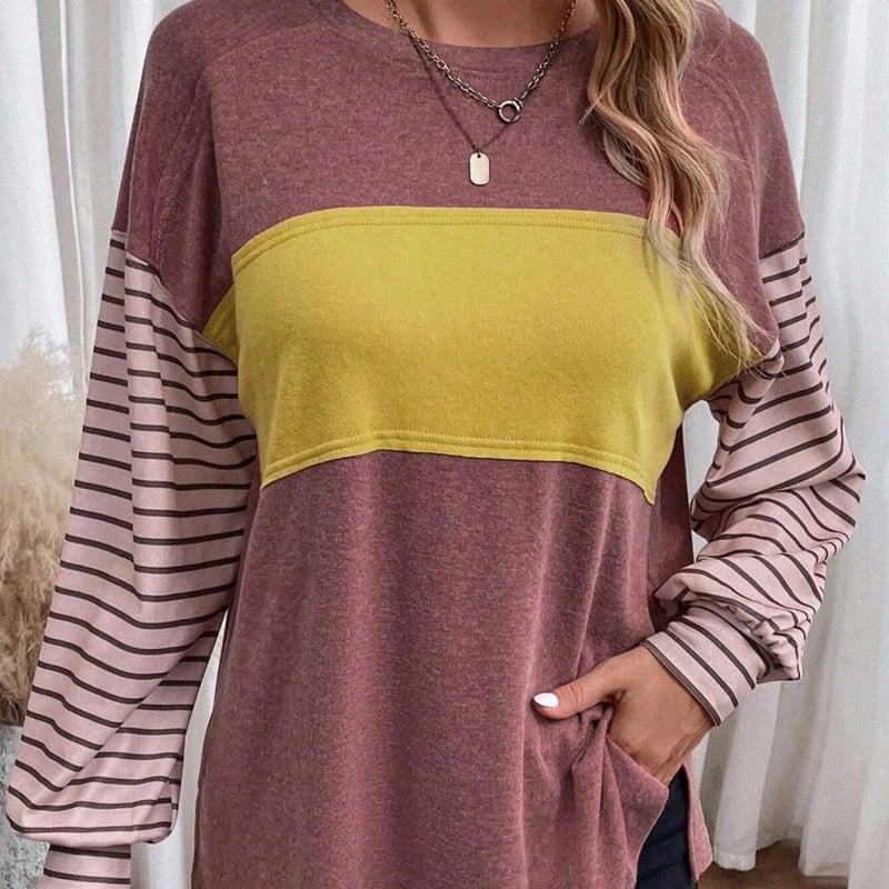 🔥Women’s Trendy Color Block Striped Long Sleeve T-Shirt
