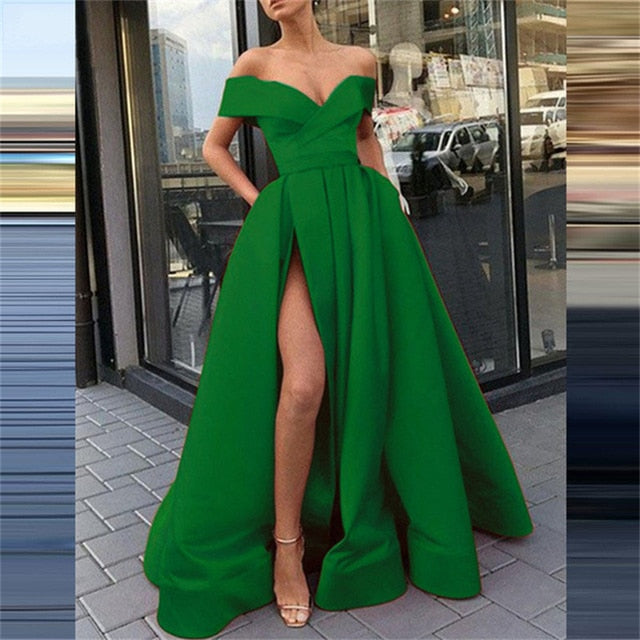 anyfreebie™-Women Sexy V Neck Long Party Dress Solid Elegant Sleeveless High Slit Dress Lady Fashion Off Shoulder Pleated Maxi Dress Vestido