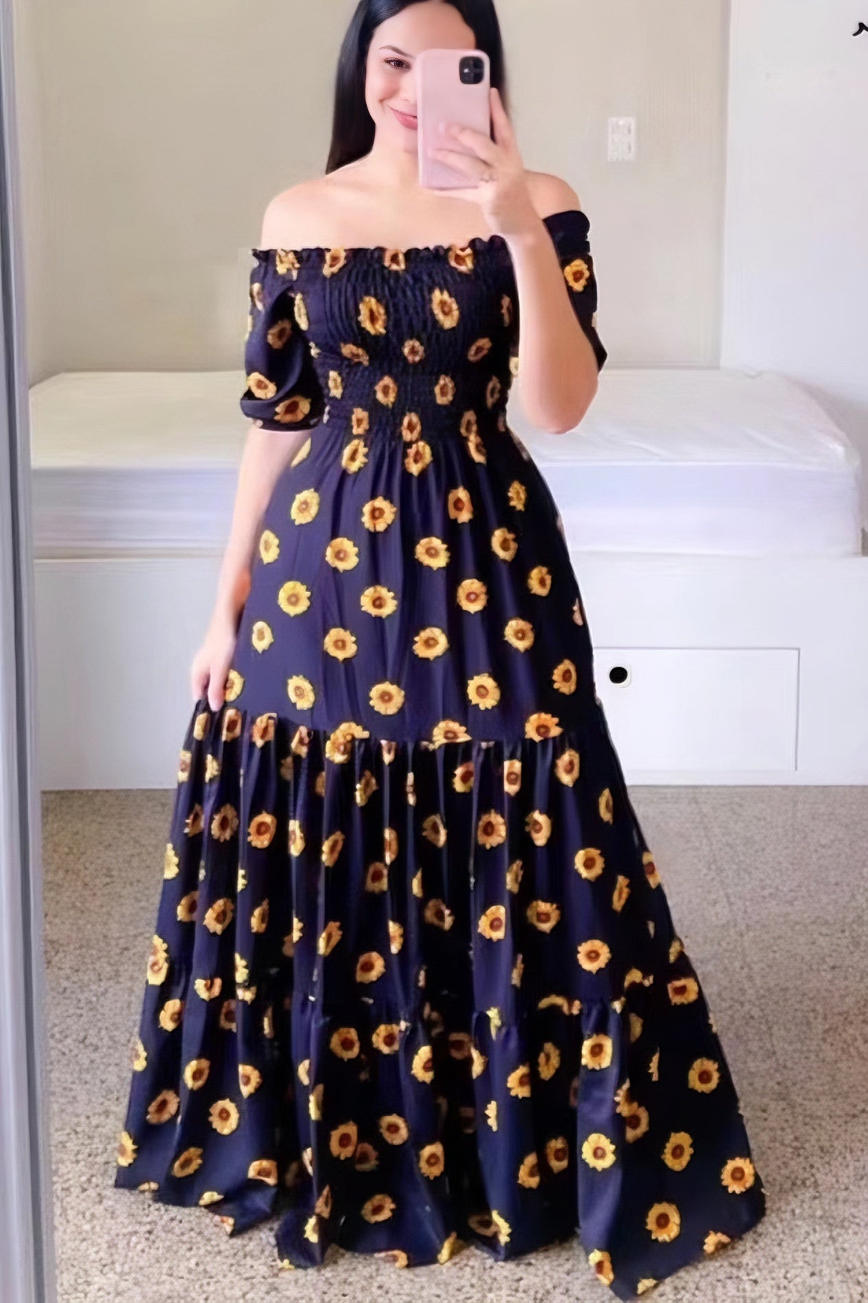 anyfreebie™-One-shoulder floral off-shoulder long printed dress