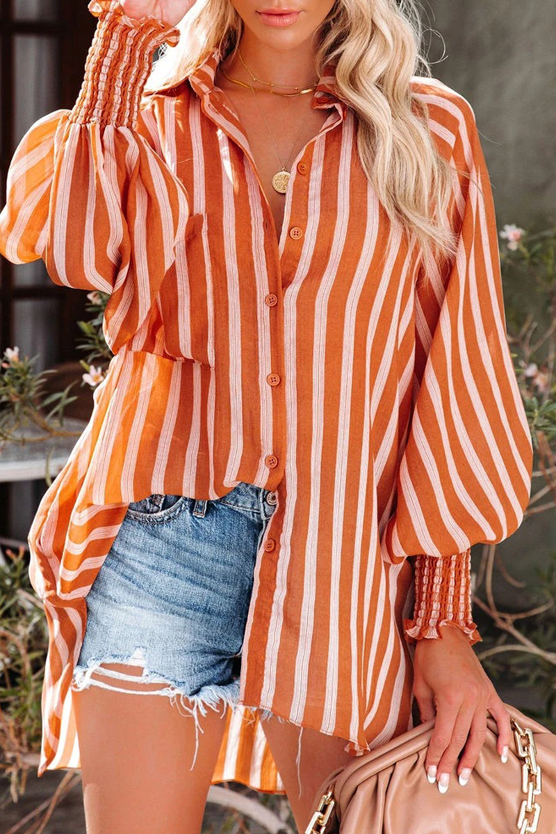 anyfreebie™-Casual Striped Split Joint Turndown Collar Tops