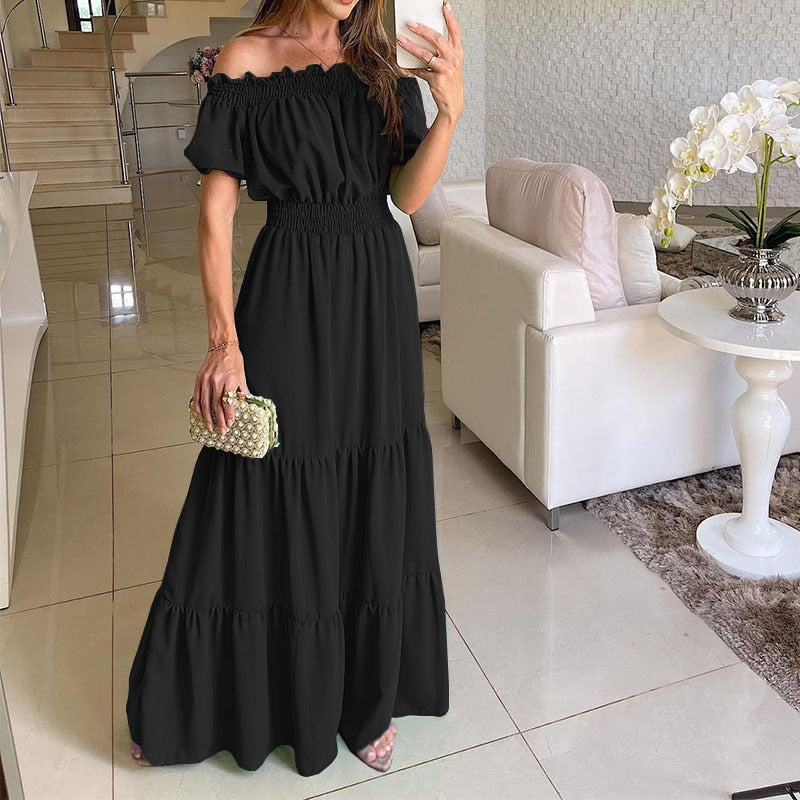 anyfreebie™-Summer Loose Long Dress Women Casual Elegant Ruffle Halter Sleeveless Female Party Outfits Beach Maxi Dresses Green Tie-Up Robe