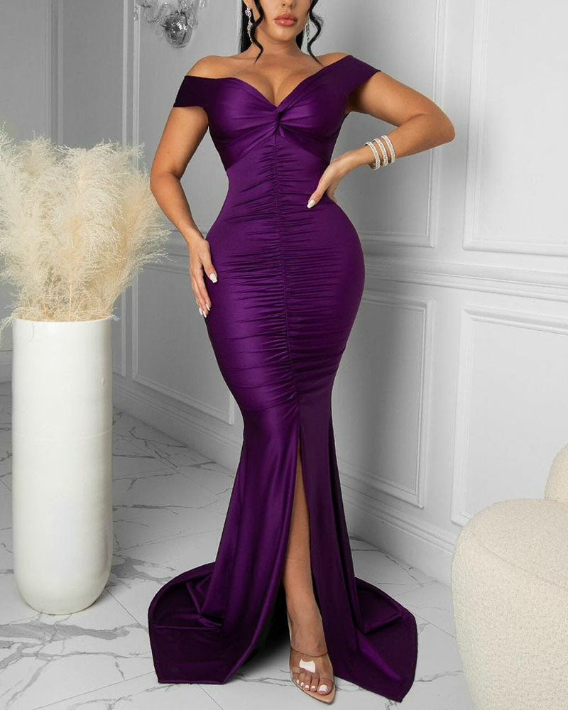 anyfreebie™-Satin Off Shoulder Ruched Split Mermaid Dress