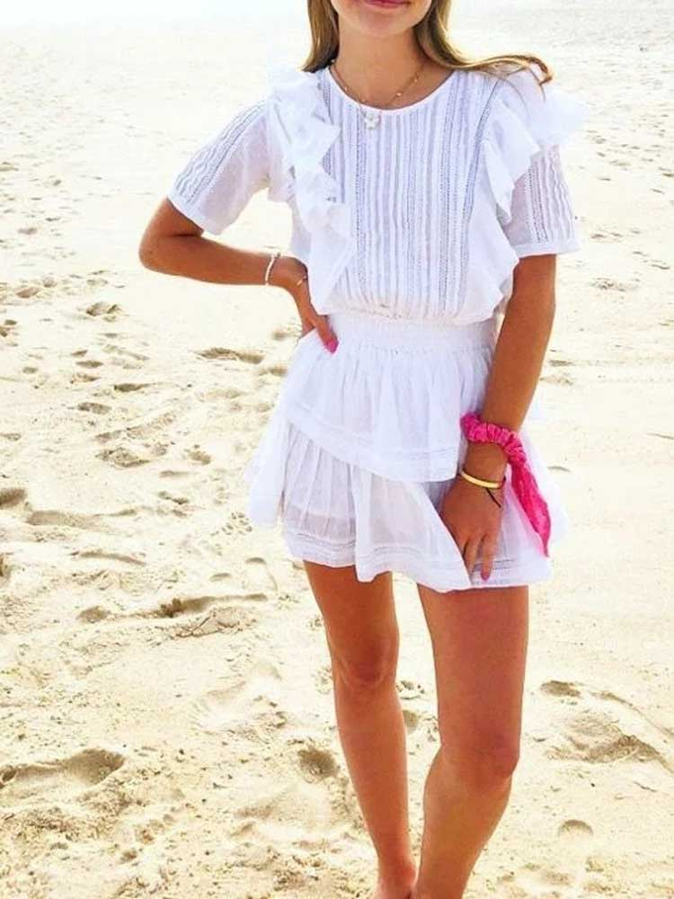 anyfreebie™- Summer Short Sleeve Vocation Women White Mini Dress Holiday Lace Ruffled Dress Pink