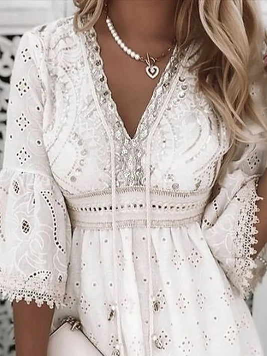 anyfreebie™- - Elegant Lace Mini Dress Women Three Quarter Sleeve Dress Female V Neck Patchwork Lace Up Dress Ladies Vacation Beach Dress