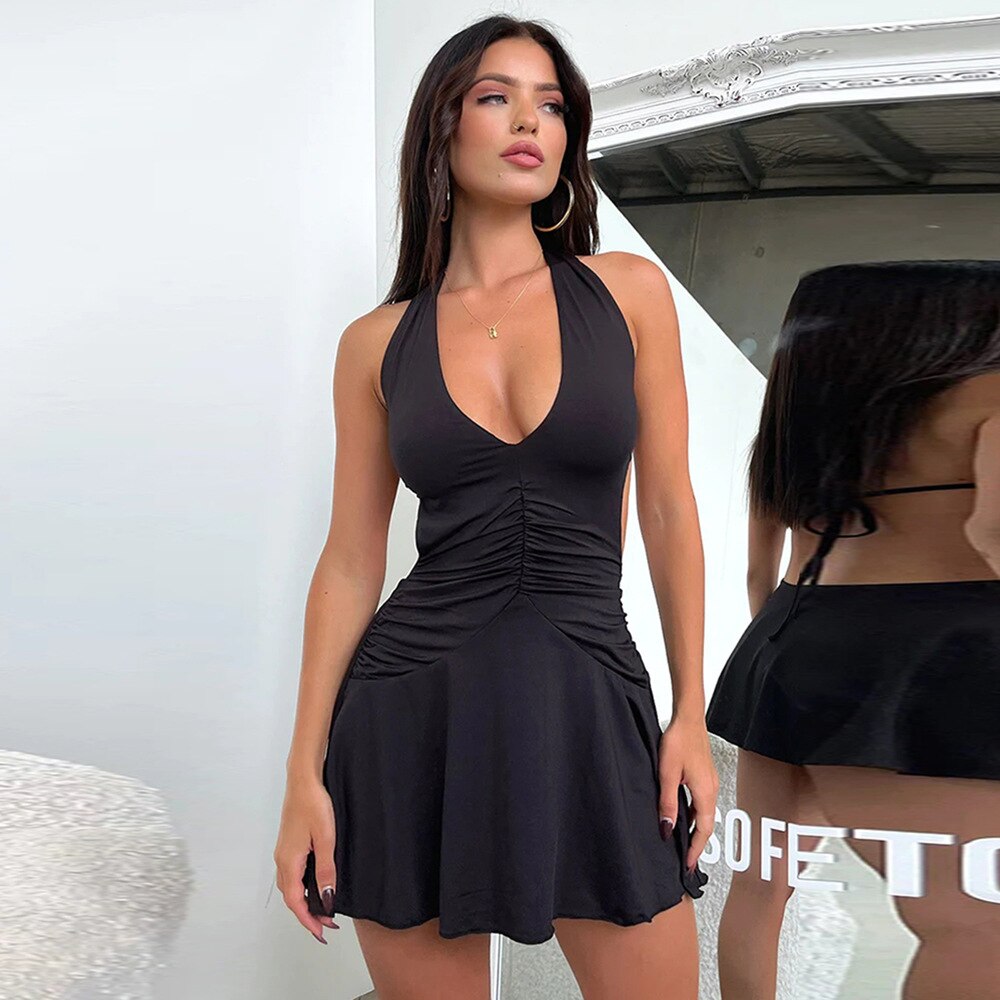 anyfreebie™-2024 Summer Deep V Neck Halter Neck Dresses Bandage Backless Mini Ruched Sexy Bodycon Dresses Beach Holiday Clothes