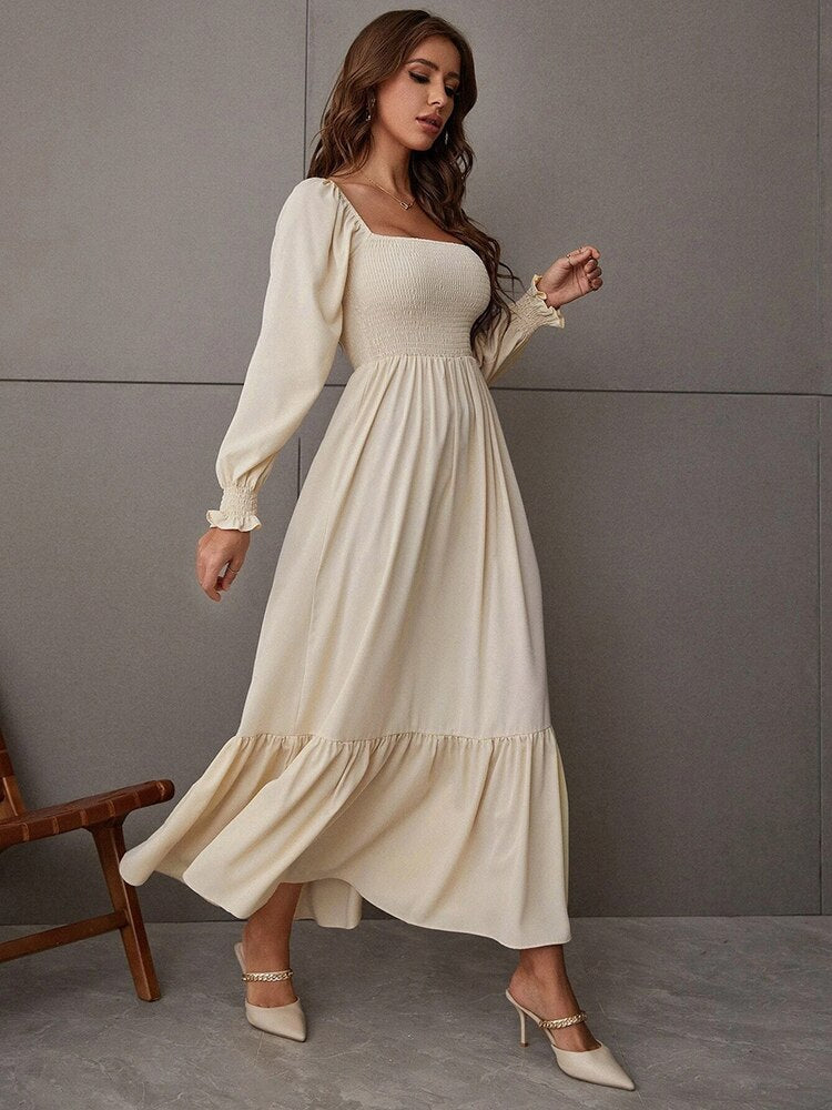 anyfreebie™-Women Fashion Panelled Midi Dress Vintage Square Neck Long Puff Sleeve A Line Female Dresses Vestidos Mujer