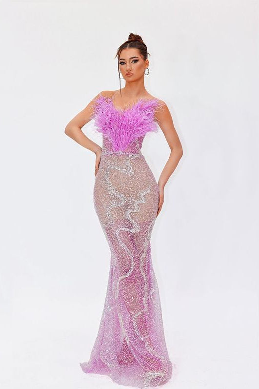 anyfreebie™-Purple Feather Semi-transparent Mesh Heavy Work Dress-vx