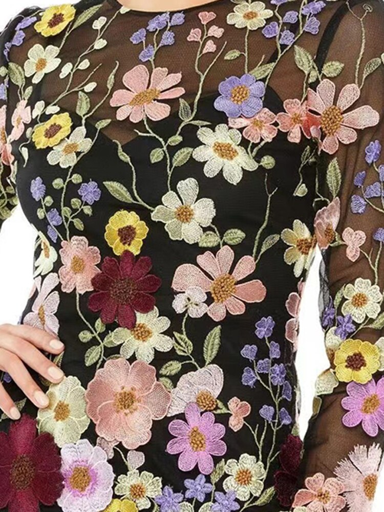 anyfreebie™-Flower Print Embroidery Mini Dress Women Half High Collar Long Sleeve Hip Package Dresses Female Autumn Elegant Lady Vestidos