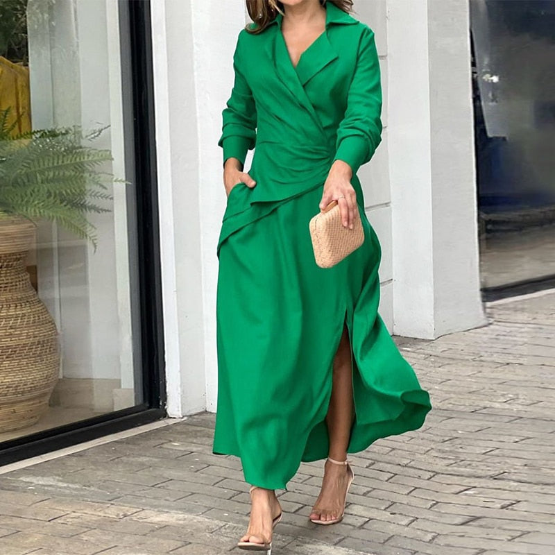 anyfreebie™- Women Maxi Dress Fashion Elegant Long Sleeve Lapel V Neck Pleated Solid Single Slit With Pockets Beach Party Dresses