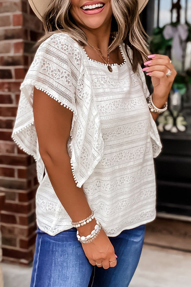 anyfreebie™-Casual Simplicity Solid Lace Hollowed Out O Neck Tops