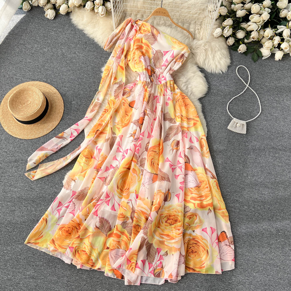 anyfreebie™-Summer Oblique Chiffon Bohemian Maxi Dress Women's Bow Off One Shoulder Floral Print High Waist Holiday Beach Long Dress