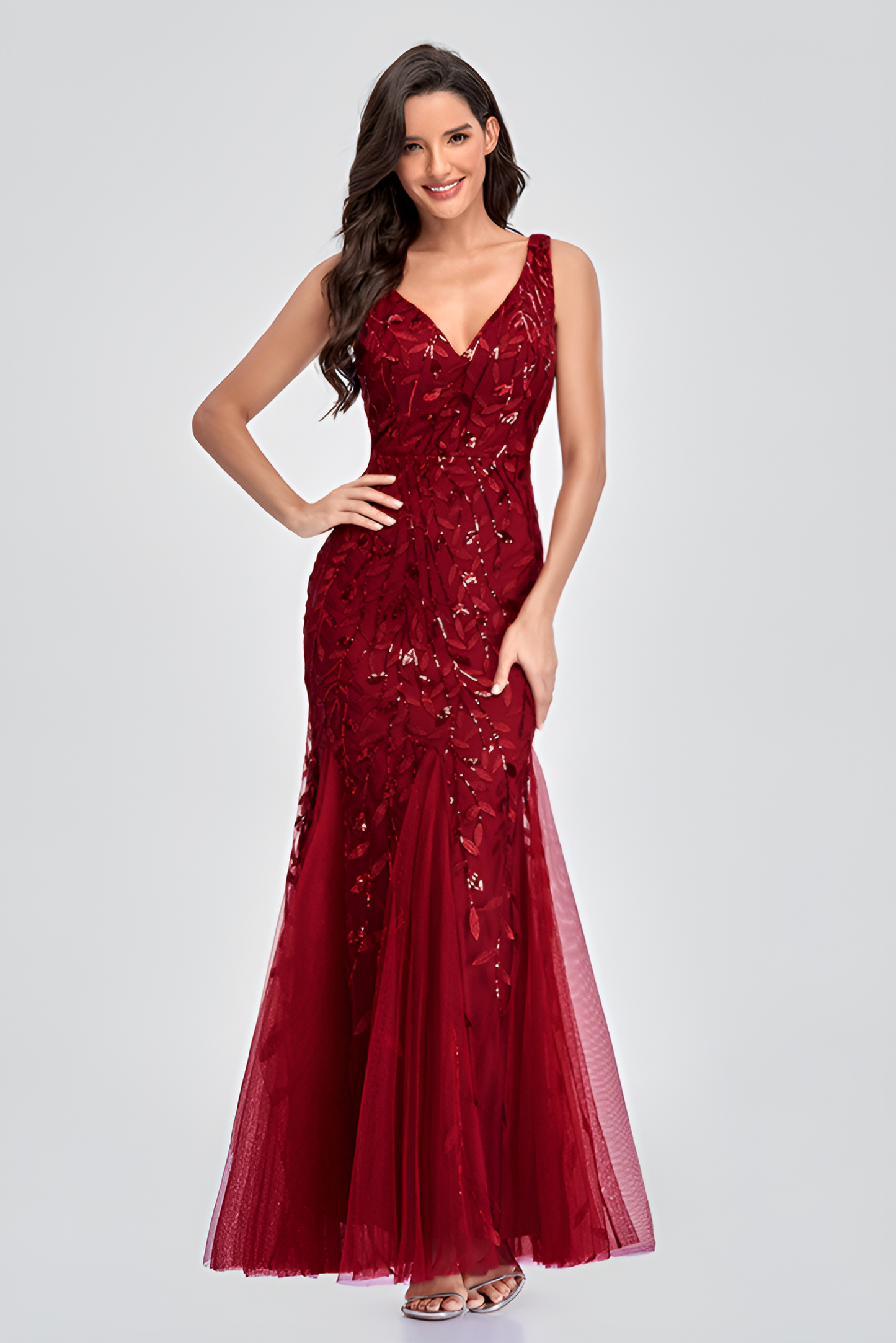 anyfreebie™-Evening dress v-neck tulle embroidered sequin sexy mermaid ball gown