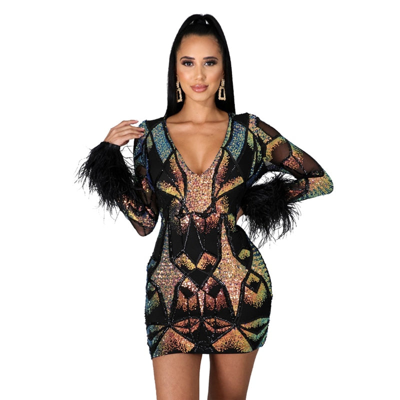 anyfreebie™- Women Sexy Sequins Feather Night Club Party Dress Deep V Neck Sheer Mesh Long Sleeve Bodycon Mini Dresses Vestidos