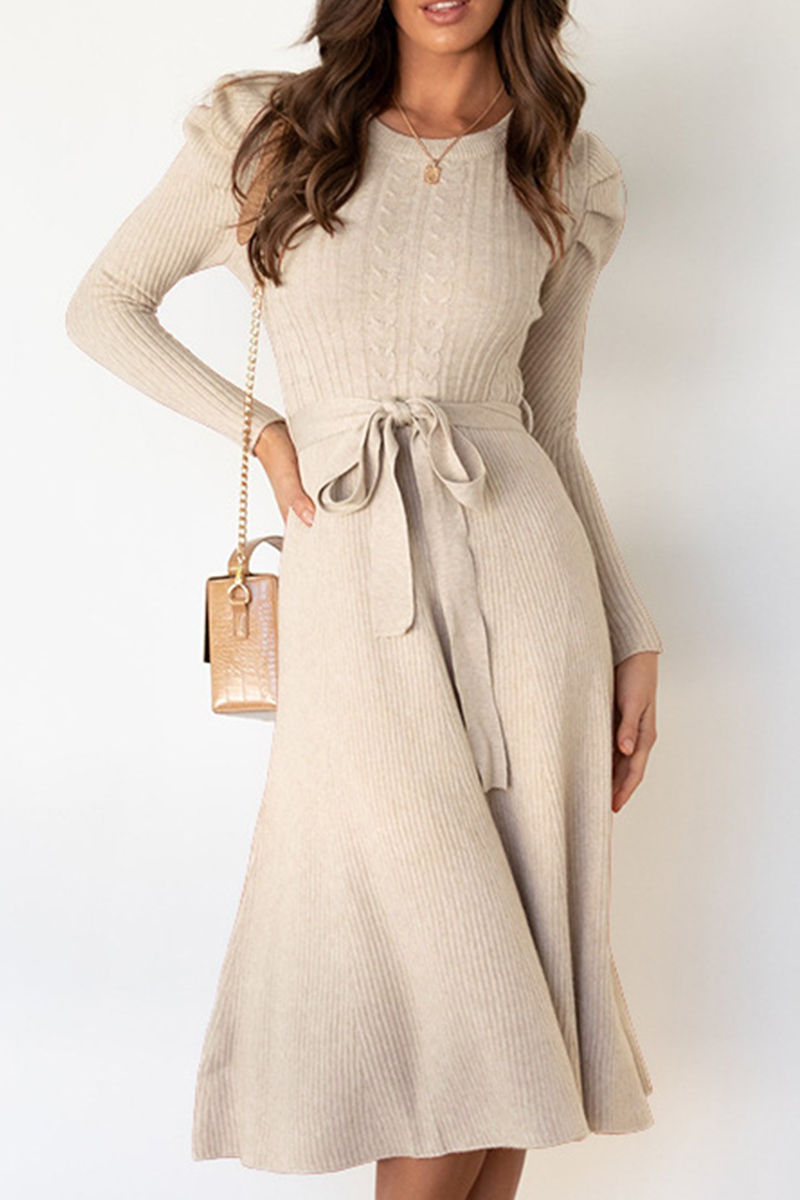 anyfreebie™-Elegant Solid With Belt O Neck Sweater Dresses