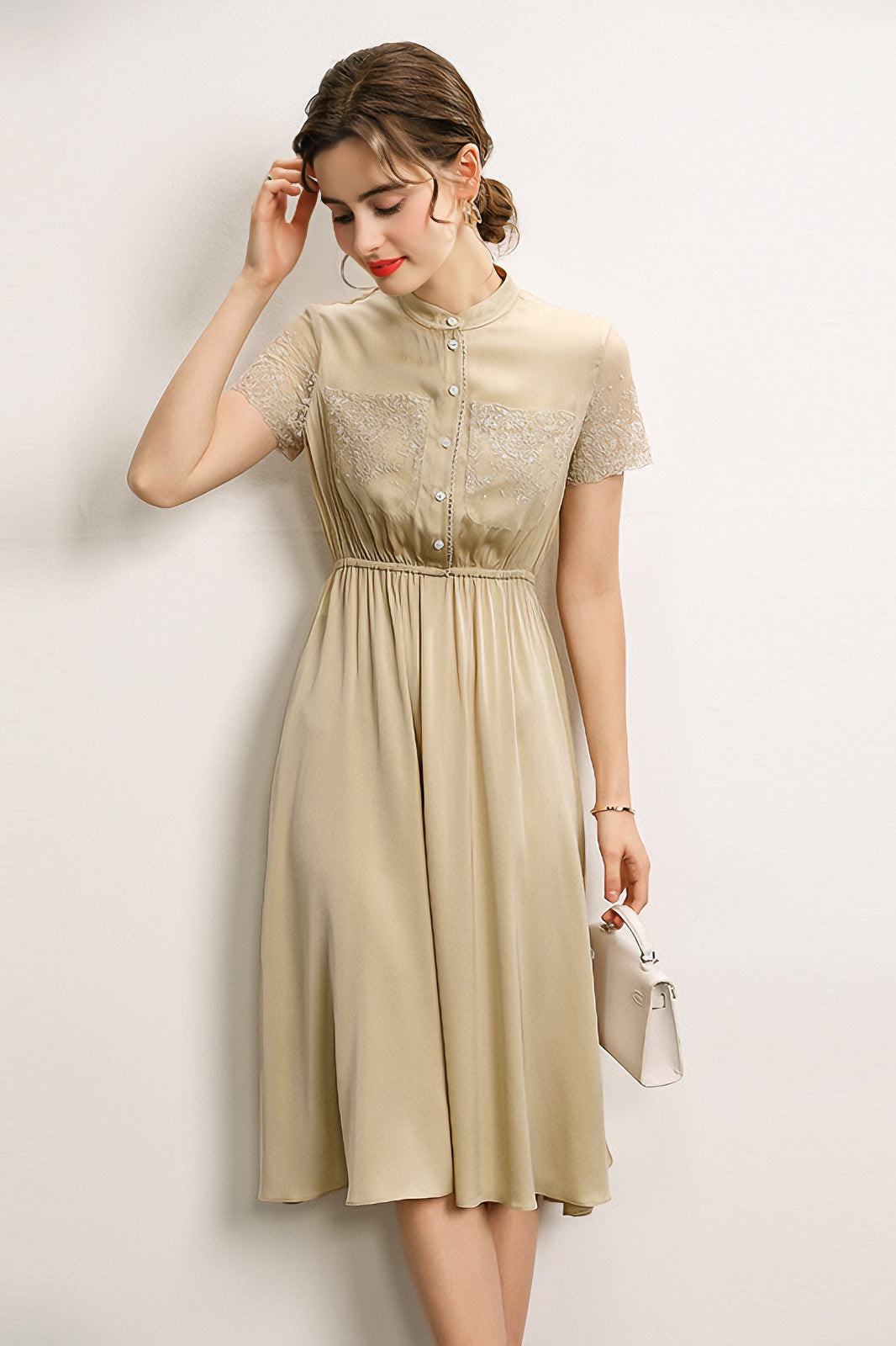 anyfreebie™-Waist-stitched lace stand-collar short-sleeved mid-length dress