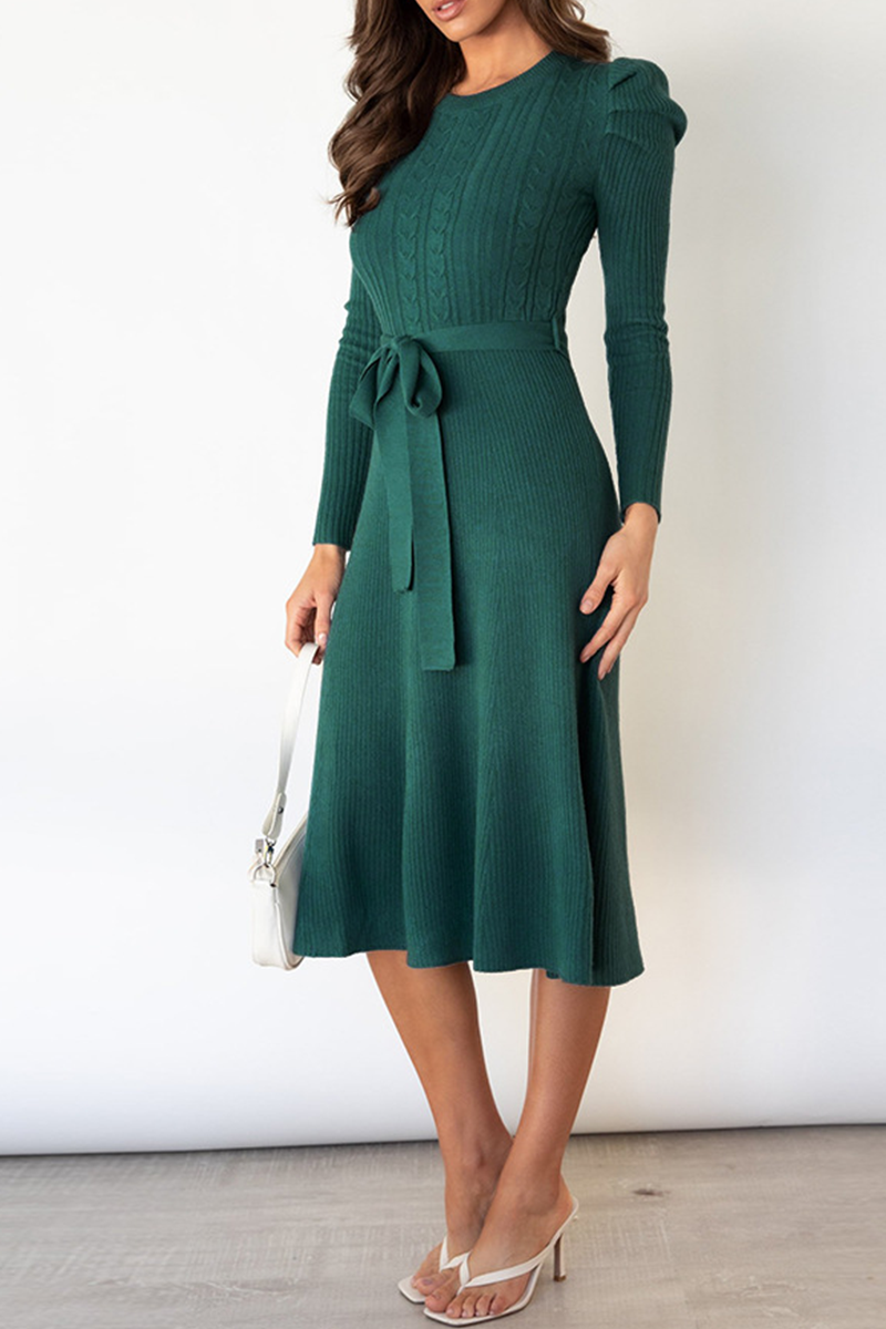 anyfreebie™-Elegant Solid With Belt O Neck Sweater Dresses