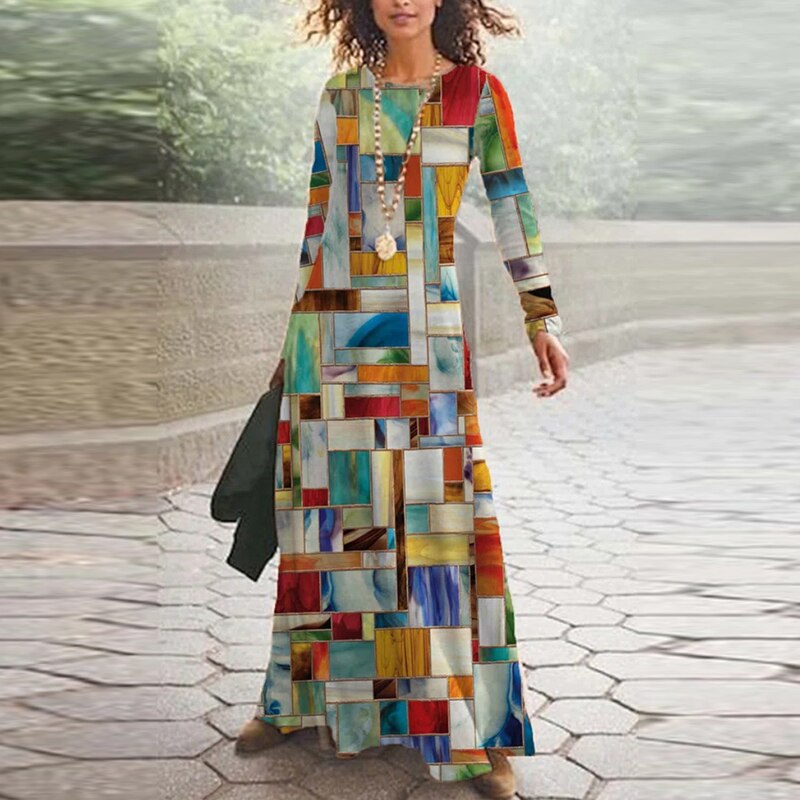 anyfreebie™- 2024 Spring Geometric Print Long Party Dress Women Elegant O Neck Office Maxi Dress Autumn Long Sleeve Hem Boho Lady Dress Mujer