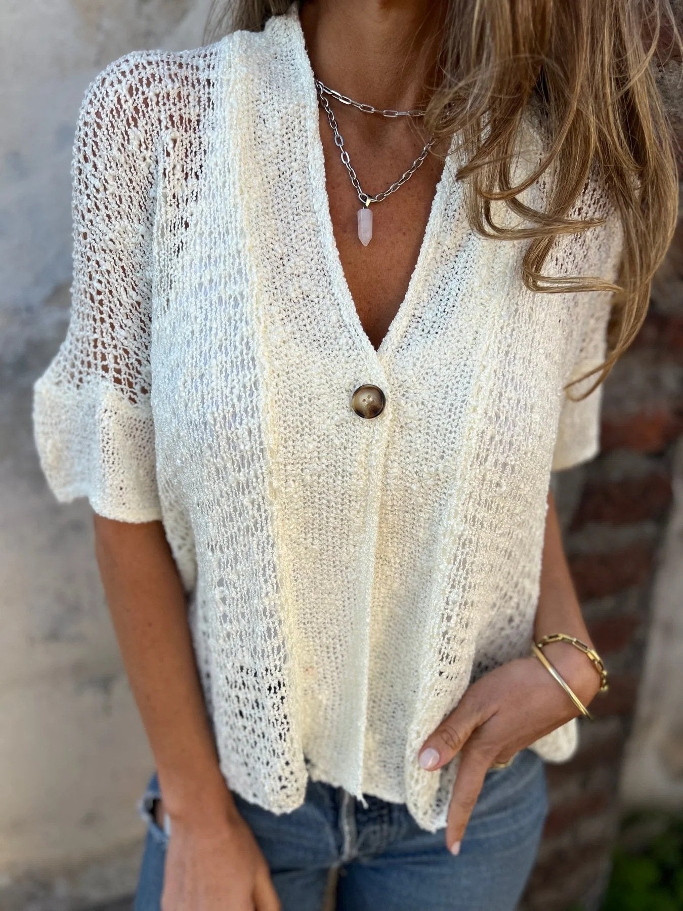 Hollow V-neck single button loose short sleeves
