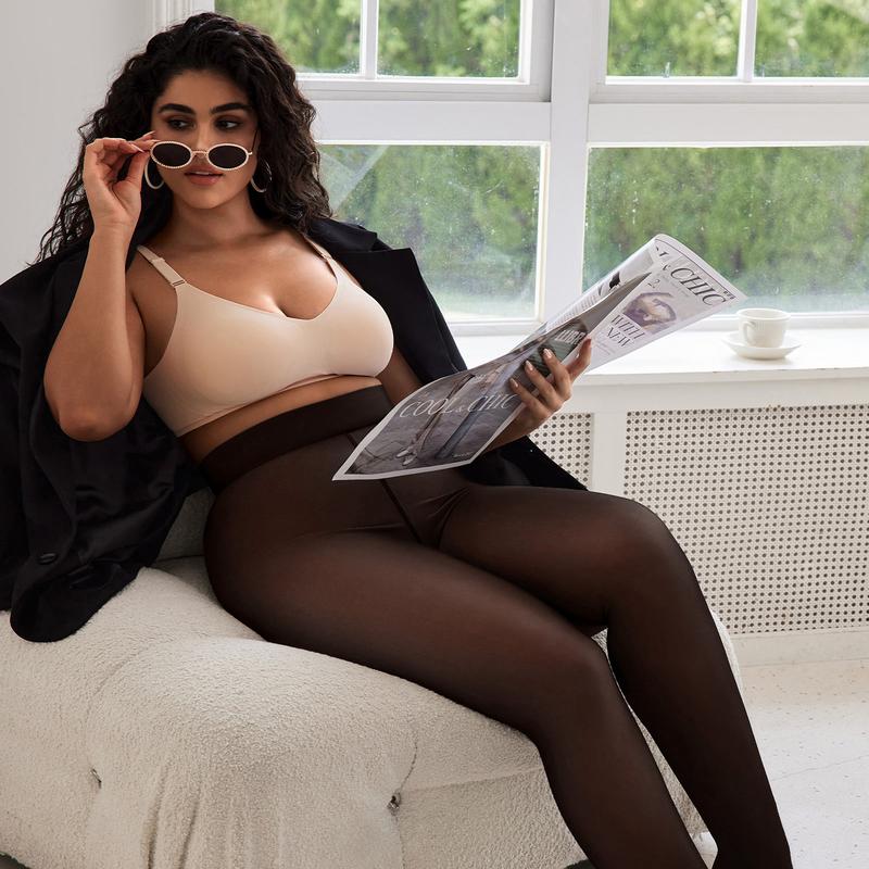 Women's Sheer Fake Translucent High Waisted Thermal Fleece Lined Tights