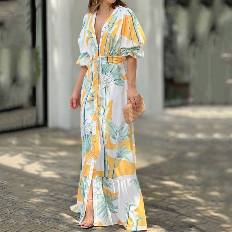 anyfreebie™- Women Maxi Dress Summer Stylish Print Short Puff Sleeve V Neck Nipped Waist Slim Single Row Button Beach Party Dresses