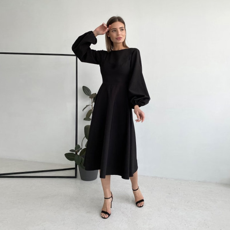 anyfreebie™-Midi Dress O-neck Lantern Sleeves Casual A-line Elegant Female Clothing