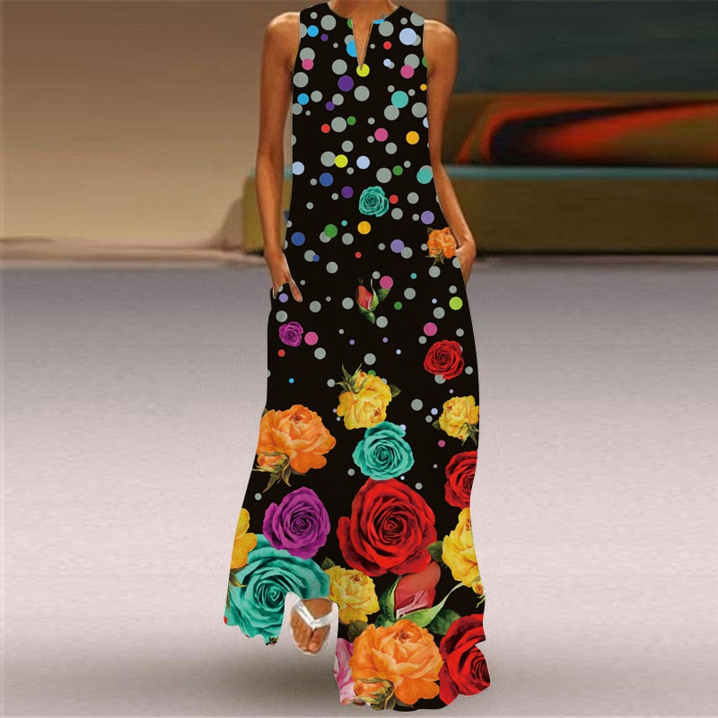 anyfreebie™- 3D Floral Printed Women Dress Summer Vintage V-neck Sleeveless Loose Maxi Dress Elegant Casual Ladies Party Dresses Vestidos