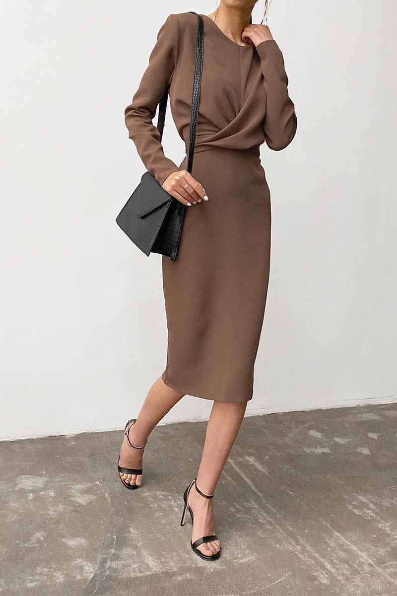 anyfreebie™-Fashion Long Sleeve Waist Midi Dress